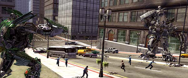 There are no player-controllable humans in Transformers: The Game, but there are still a lot of them on the streets, trying to keep away from the fighting robots.