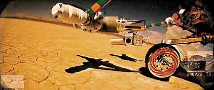 Mars rover crossing Mars' terrain